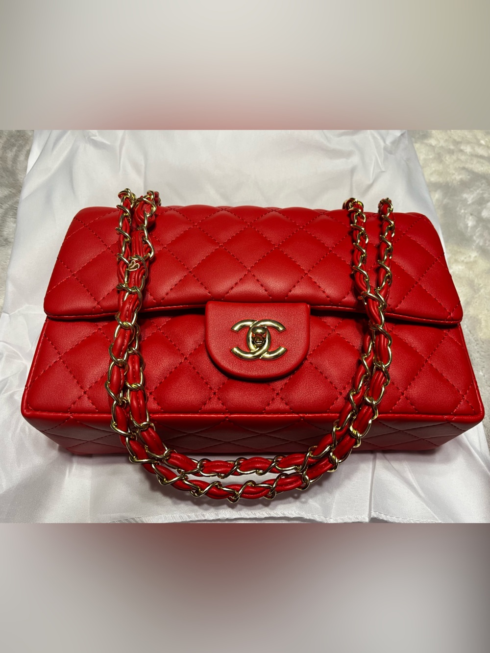 ❤️ Double C Designer Fire Red Gold Tone Hardware Quilted Classic Flap Bag Purse